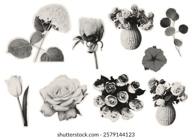 Trendy halftone collage Field flowers retro Stippling, dotwork pattern wild plants. Set of paper cut out halftone roses. Fashionable retro collage from the 80s. Vector illustration