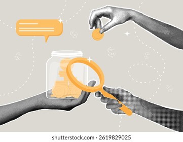 Trendy halftone collage. Financial planning and investment concept. Profit and wealth protection concept, business concept, money management. Vector illustration