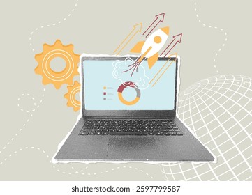 Trendy halftone collage. Global business launch. Concept of launching a new business product, starting a business, successful startup. Launching a rocket from laptop screen.