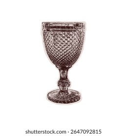 Trendy halftone collage of a goblet cut out an old newspaper. Isolated vector illustration grayscale retro sticker of glass with Bitmap and Dots texture. Vintage aesthetic, 80s - 90s vibe, nostalgic