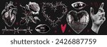 Trendy halftone collage.  Gothic dark elements with red doodles. Human heart, rose, barbed wire and other.