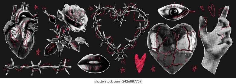 Trendy halftone collage.  Gothic dark elements with red doodles. Human heart, rose, barbed wire and other.