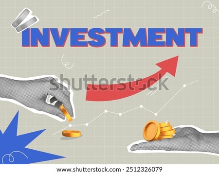 Trendy halftone collage with hand and 3D coins. Finance, investment and business and finance concept. Vector illustration of Money earning and banking for web banner and social media
