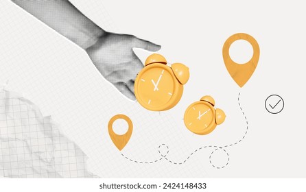 Trendy Halftone Collage Hand with Alarm Clock and two Location Pin. Fast delivery concept. Quick offer on marketplace. Package tracking. Transport logistic on time. Contemporary vector art