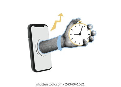 Trendy halftone collage. Hand with alarm clock, stopwatch. Fastest offer on the market. Transportation logistics on time. Special offer, discounts. Abstract template.