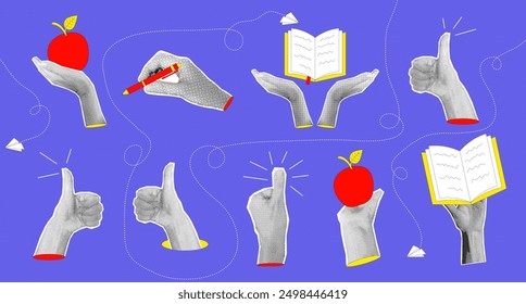 Mano de moda del collage del medio tono con la manzana, la pluma, el libro, el dedo para arriba. Conocimiento, regreso a la escuela, educación, sabiduría y concepto de estudio. Ilustración vectorial contemporánea