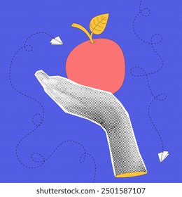 Mano de collage de semitono de moda con manzana. Regreso a la escuela. Tarjeta con concepto de educación sobre fondo de puntos azules. Ilustración vectorial