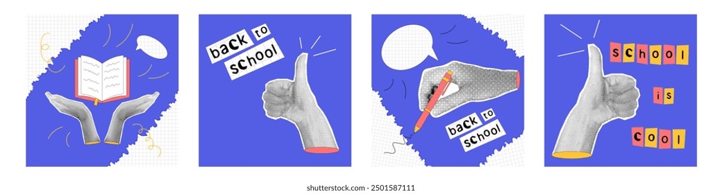 Trendy halftone collage hand with apple, pen, book, finger up. Graduation, back to school, education concept. Contemporary vector illustration