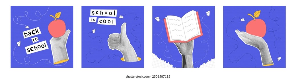 Trendy halftone collage hand with apple, book, finger up. Graduation, back to school, education concept. Contemporary vector illustration