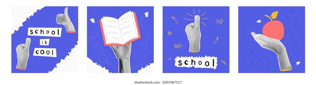 Trendy halftone collage hand with apple, book, finger up. Knowledge, back to school, education concept. Contemporary vector illustration