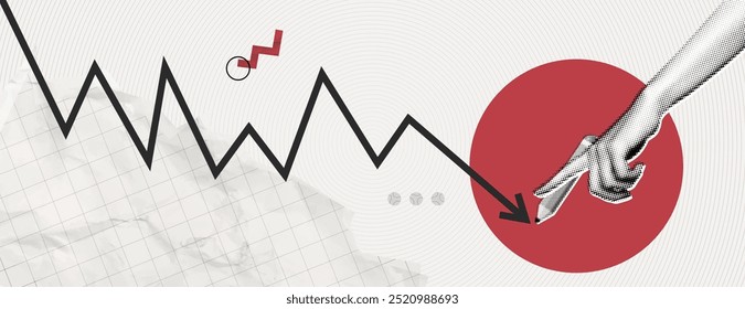 Trendy Colagem de Meio-Tom Mão com seta apontando para baixo. Gráficos com queda de preço extrema. Crise financeira e econômica, inflação. Descidas no mercado de ações. Ilustração de vetor de arte contemporânea