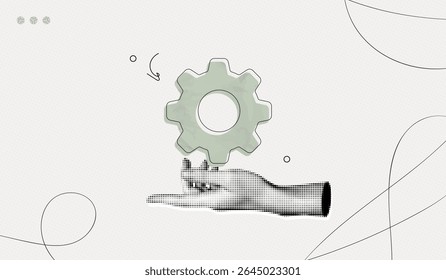 Trendy Halftone Collage Hand with cogwheel gear. Working experience. Organization business progress. Concept of success, leadership, career development. Contemporary vector illustration art
