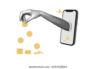 Trendy halftone collage Hand with coins. Stacks of coins.Payment concept. Financial planning. Saving money. Making money and getting paid. Abstract pattern.