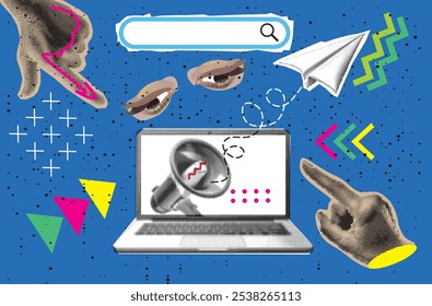 Trendy Halftone Collage Hand from computer monitor screen points to search bar. Megaphone with message and paper plane. Online hiring job. Halftone lips mouth hand in dotted texture vintage pop	