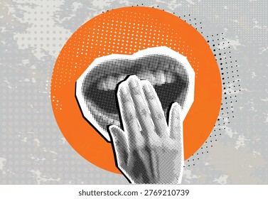 Trendy halftone collage a hand covers the mouth in surprise, fright, joy, or news. Trendy newspaper cut out paper elements. Vector illustration.
