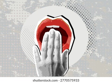 Trendy halftone collage a hand covers the mouth in surprise, fright, joy, or news. Trendy newspaper cut out paper elements. Vector illustration.