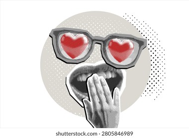 Trendy halftone collage a hand covers the mouth in surprise, loves, joy, or news and instead of eyes there are hearts in glasses. Trendy newspaper cut out paper elements. Vector illustration.