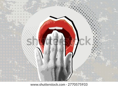 Trendy halftone collage a hand covers the mouth in surprise, fright, joy, or news. Trendy newspaper cut out paper elements. Vector illustration.