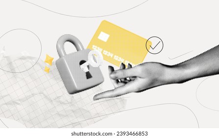 Trendy Halftone Collage Hand with Credit card and Padlock with Key. Data is securely protected. Online payment concept. Keeping money safe. Vector contemporary art