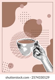 Trendy halftone collage. Hand with halftone effect holding a coffee cup on abstract background. Abstract background in color Mocha Mousse