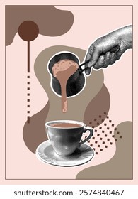 Trendy halftone collage. Hand with halftone effect pouring coffee from turbo into porcelain cup on abstract background. Abstract background color Mocha Mousse