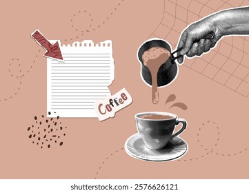 Trendy halftone collage. Hand with halftone effect pouring hot coffee into white porcelain cup on abstract background. Abstract background color Mocha Mousse. Vector illustration