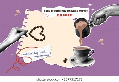 Trendy halftone collage. Hand with halftone effect pours hot coffee into white porcelain cup,heart of coffee beans. Colors mocha mousse. Vector illustration