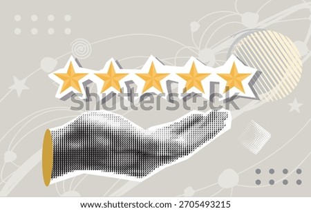 Trendy Halftone Collage with hand and five stars. Positive review. Customer feedback. High quality and good business reputation.	