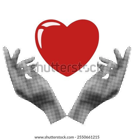 Trendy Halftone Collage hand and flat red heart isolated white background. Vector template design of world kindness day poster.  Valentine's day theme. Romantic clip art. 
