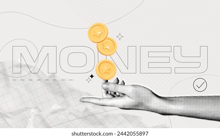 Trendy Halftone Collage Hand with Floating Coins. Payment concept. Financial planning. Save money. Earn and pay. Metaphor composition. Paper cut out design. Contemporary vector art