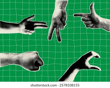 Trendy Halftone Collage Hand Gesture. Contemporary art. Vector illustration Pop Art Halftone Hands Sticker Banner.