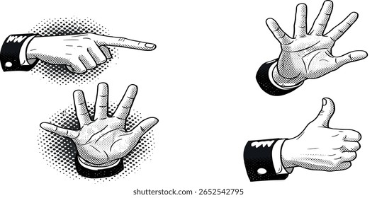 Gestos de mano de collage de semitono de moda. Efecto de fotocopia de Stipple