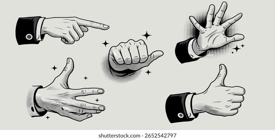 Trendy Halftone Collage Hand Gestures. Stipple photocopy effect