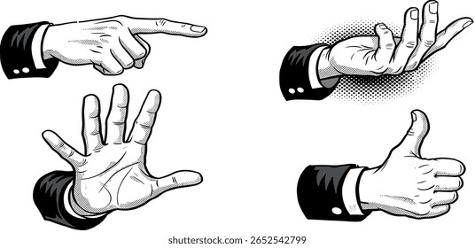 Trendy Halftone Collage Hand Gestures. Stipple photocopy effect