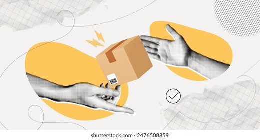 Trendy Halftone Collage Hand gives cardboard box. Parcel delivered by courier hand to hand. Mail service. Online shopping. Send order to customer. Contemporary vector illustration art