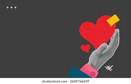  Trendy Halftone Collage hand hold heart shape collage banner.