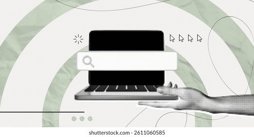 Trendy Halftone Collage Hand hold Laptop with search bar and cursor. Online search job. Seo marketing and business announce. Find information in internet browser. Contemporary vector illustration art