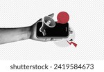 Trendy Halftone Collage Hand Holding Mobile Phone with Megaphone and speech bubble message. Social media communication. New notice on smartphone. Marketing time. Contemporary vector art