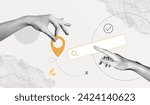 Trendy Halftone Collage with Hand holding pin location and search bar. Contemporary art with position element. Package tracking. Travel way and find trip. Transport logistic. Vector illustration