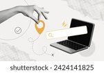 Trendy Halftone Collage Hand holding Pin Location and Computer Laptop with Search bar. Package tracking from marketplace. Online find trip. Contemporary vector art illustration with position element