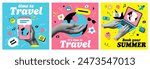 Trendy Halftone Collage Hand holding Mobile Phone, plane, Location Pin. Online booking. Contemporary art with position element. Travel planning. Choose and find trip. Surreal vector illustration