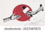 Trendy Halftone Collage Hand holding microphone for interview. Social reportage. Journalist and press. Daily news. Red speech bubble message. Metaphor artwork. Contemporary vector illustration art