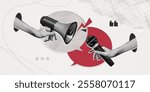 Trendy Halftone Collage Hand holding Megaphone and microphone for media interview and news. Speech bubble messages. Journalist and reporter. Broadcast recording. Contemporary vector illustration art