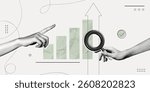 Trendy Halftone Collage Hand holding magnifying glass with up chart. Stock market statistics chart. Finance business data graph. Trending upwards. Contemporary vector illustration art