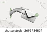 Trendy Halftone Collage Hand holding closed envelope with one notification. New message or letter in email. Online communication. Social media marketing. Contemporary vector illustration art
