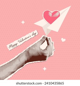 Trendy Halftone Collage hand holding Paper Airplane with heart . Love message concept. Online social media vector retro illustration with cutout paper elements. Pop art design