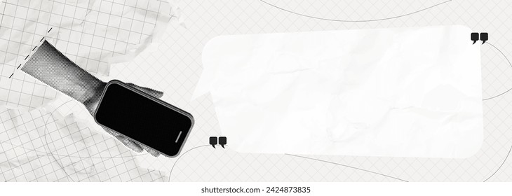 Trendy Halftone Collage Hand holding phone with speech bubble message. Empty space for text. Social media announcing promotion and marketing. Vector contemporary art. Modern banner illustration