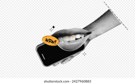 Trendy Halftone Collage Hand holding  Phone with Mouth and Wow Text. Social media promotion and communication. Online project and creative ideas. Conceptual surreal illustration. Contemporary art