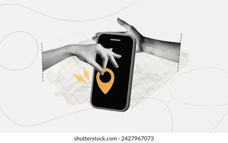 Trendy Halftone Collage Hand holding Mobile Phone with Location Pin. Online tracking. Contemporary art with position element. Delivery route. Travel way and find trip. Surreal vector illustration