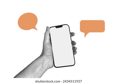 Trendy halftone collage Hand holding phone. Buying, selling, coins. Social media communication. Blank space for quote, plan and idea. Abstract template.